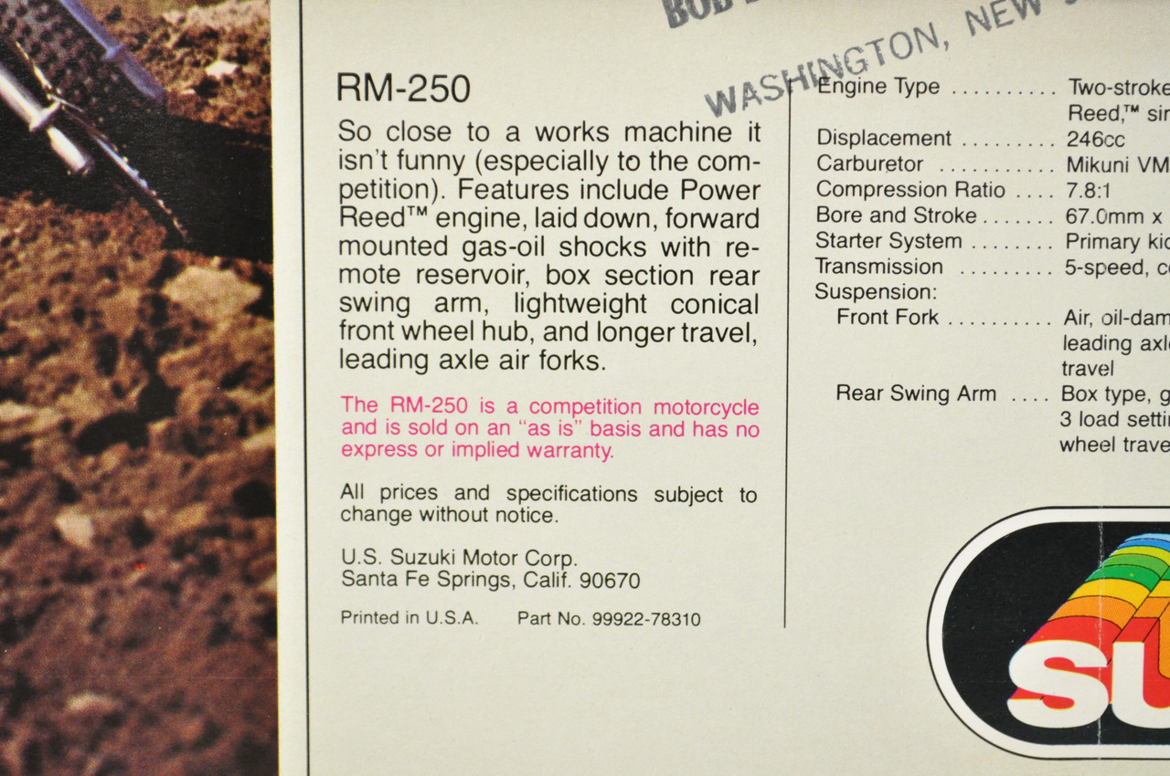 Vintage NOS 1978 Suzuki RM250 RM400 Motorcycle Brochure Motocross Dealer Specs