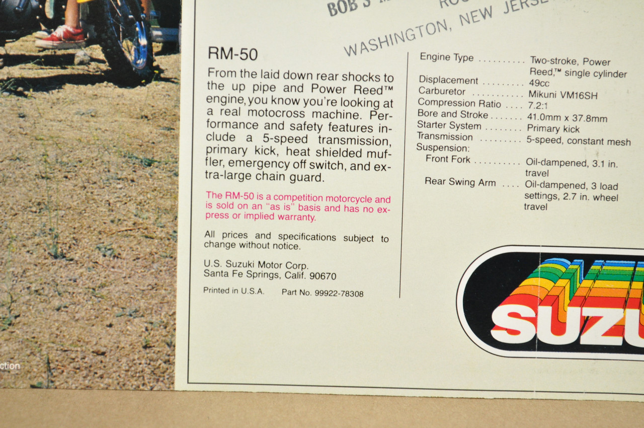 Vintage NOS 1978 Suzuki RM80 RM50 Motorcycle Brochure Motocross Dealer Specs