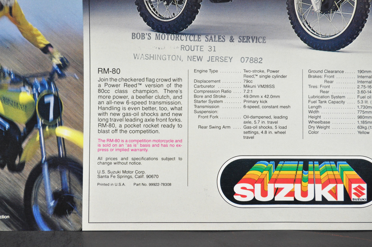 Vintage NOS 1978 Suzuki RM80 RM50 Motorcycle Brochure Motocross Dealer Specs