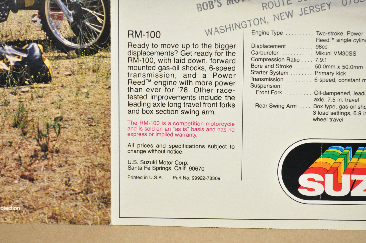 Vintage NOS 1978 Suzuki RM125 RM100 Motorcycle Brochure Motocross Dealer Specs