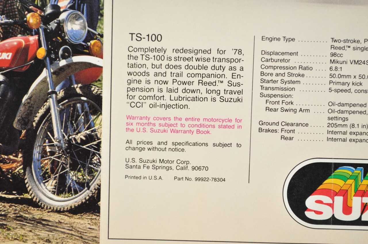 Vintage NOS 1978 Suzuki TS125 TS100 Motorcycle Brochure Motocross Dealer Specs OEM