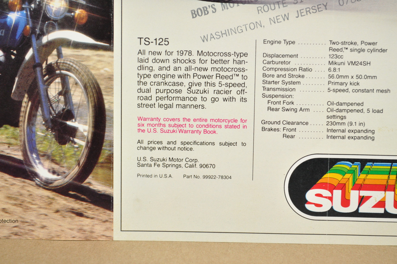 Vintage NOS 1978 Suzuki TS125 TS100 Motorcycle Brochure Motocross Dealer Specs OEM