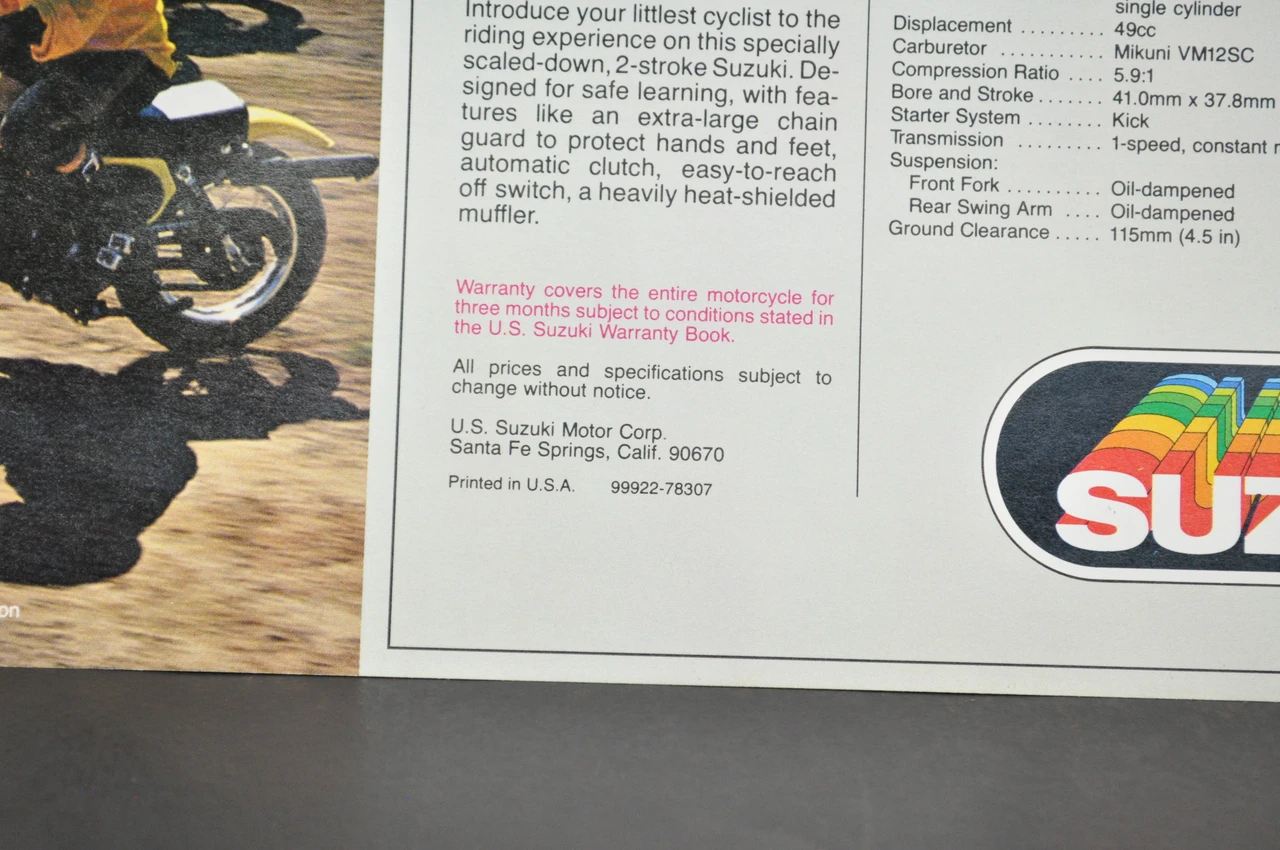 Vintage NOS 1978 Suzuki JR50 Brochure OEM Dealer Specs Mini Bike Motocross OEM