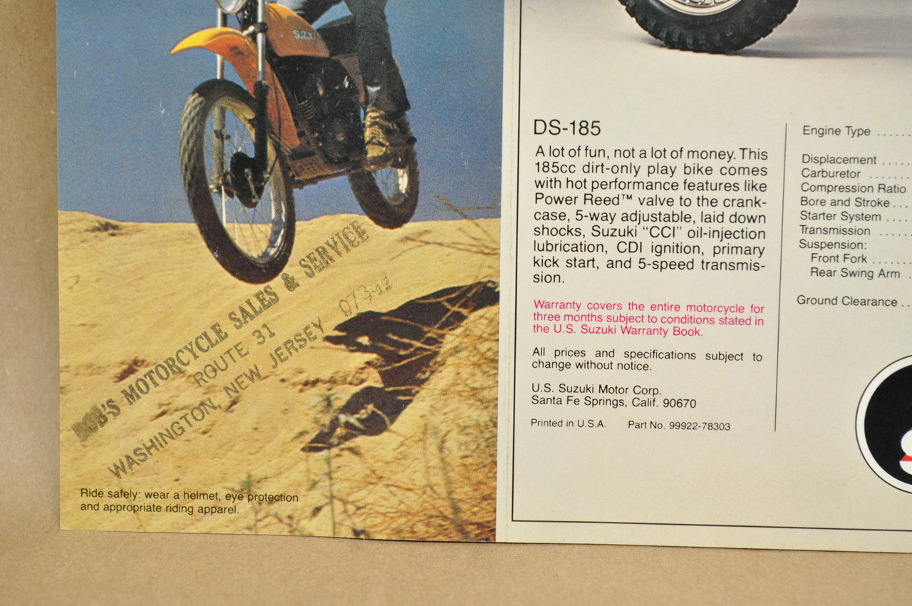 Vintage NOS 1978 Suzuki DS185 DS80 DS100 Brochure OEM Dealer Specs Motocross