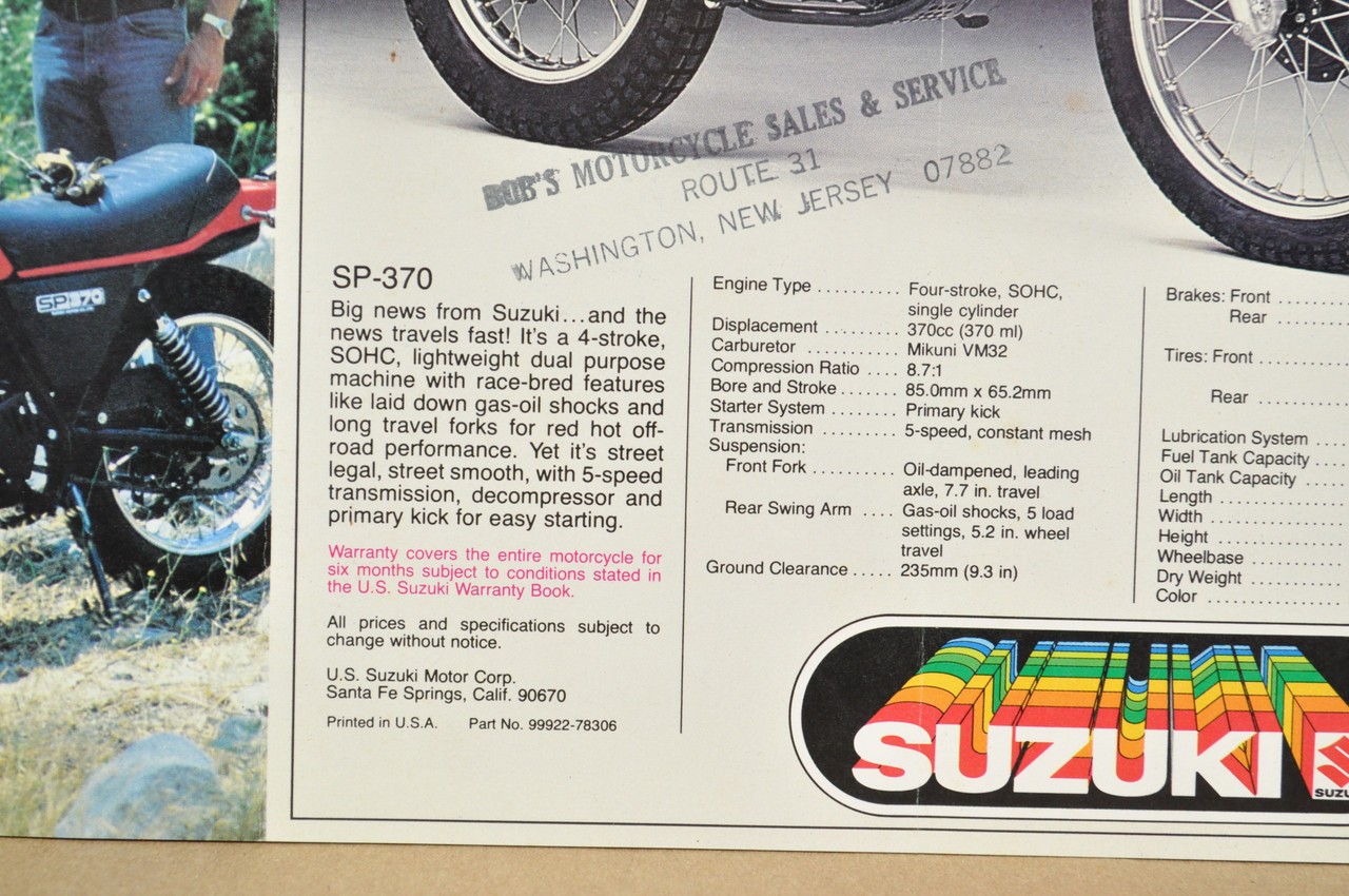Vintage NOS 1978 Suzuki DR370 SP370 Motorcycle Brochure OEM Dealer Specs