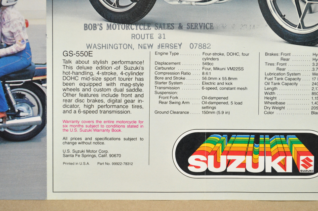 Vintage NOS 1978 Suzuki GS750 E GS550 E Motorcycle Brochure OEM Dealer Specs