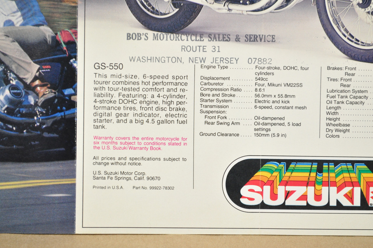 Vintage NOS 1978 Suzuki GS750 GS550 Motorcycle Brochure OEM Dealer Specs