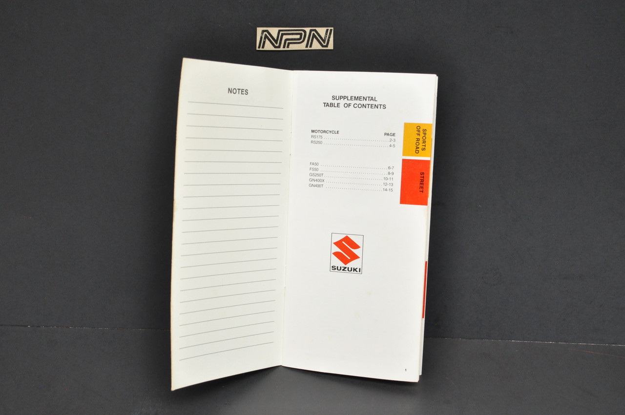 Vintage NOS 1980 Suzuki Motorcycle Sales Guide SUPPLEMENT RS250 GN400 X GN400 T