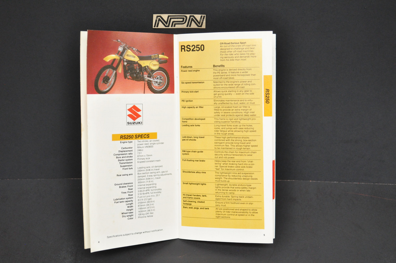 Vintage NOS 1980 Suzuki Motorcycle Sales Guide SUPPLEMENT RS250 GN400 X GN400 T