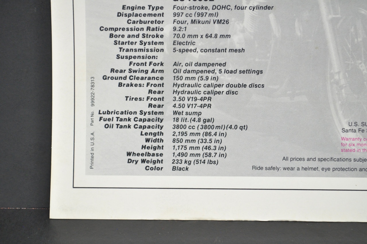 Vintage 1978 Suzuki GS1000 E Motorcycle Sales Brochure Dealer Specs OEM