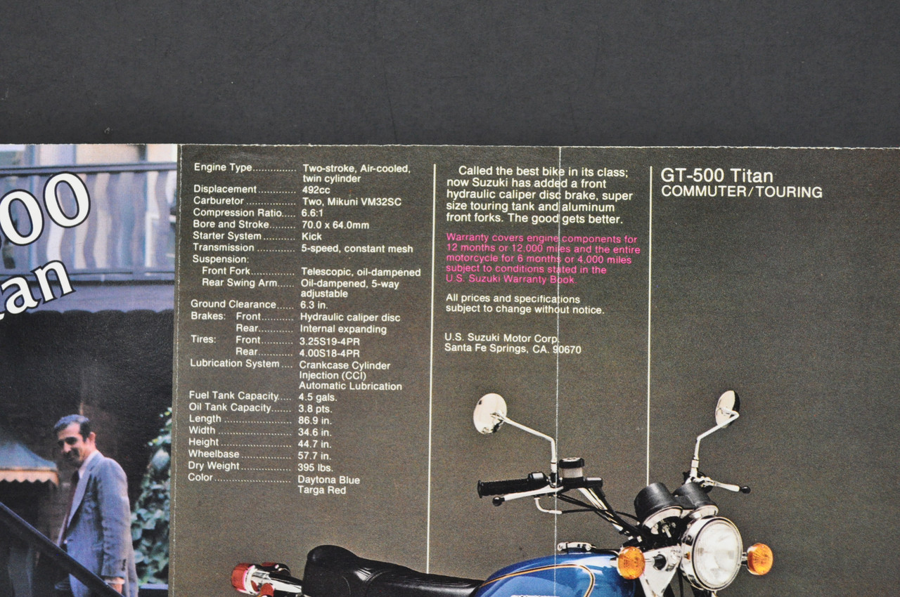Vintage NOS 1976 Suzuki GT500 Titan GT380 Sebring Brochure Specs Dealer Stamp