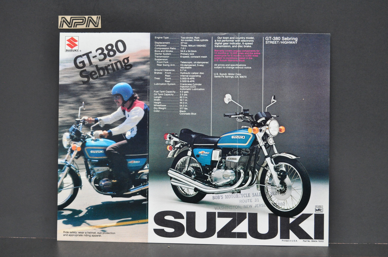 Vintage NOS 1976 Suzuki GT500 Titan GT380 Sebring Brochure Specs Dealer Stamp