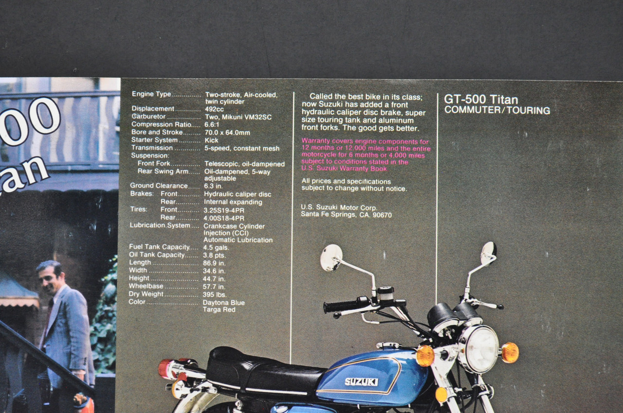 Vintage NOS 1976 Suzuki GT380 Sebring GT500 Titan Brochure Dealer Specs OEM