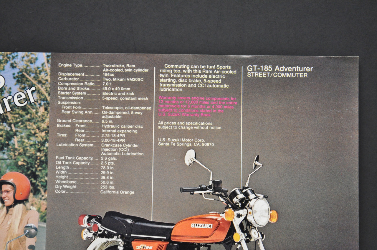 Vintage NOS 1976 Suzuki GT250 Hustler GT185 Adventurer Brochure Dealer Specs