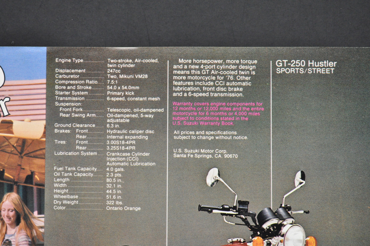 Vintage NOS 1976 Suzuki GT250 Hustler GT185 Adventurer Brochure Dealer Specs