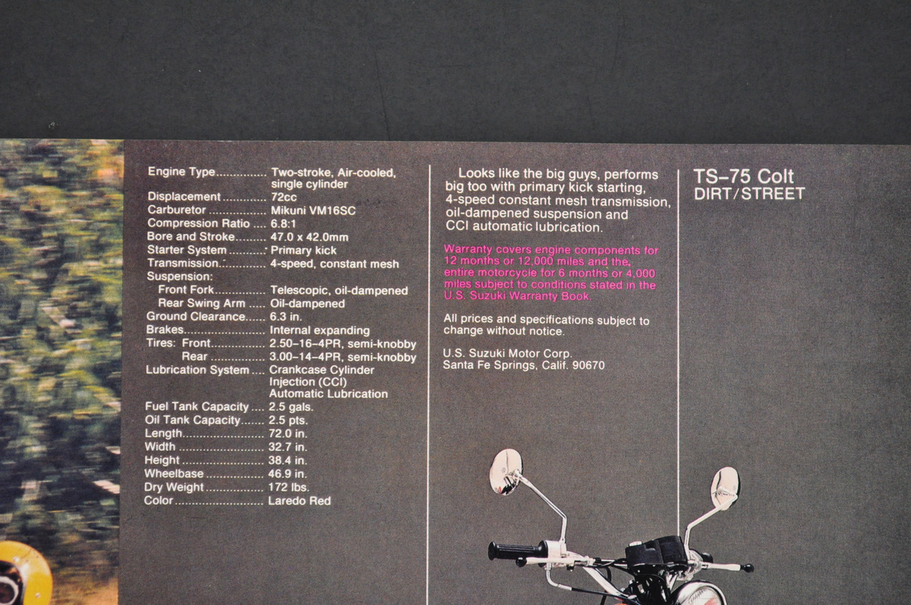 Vintage NOS 1976 Suzuki TS75 Colt Motorcycle Brochure Dealer Specs OEM