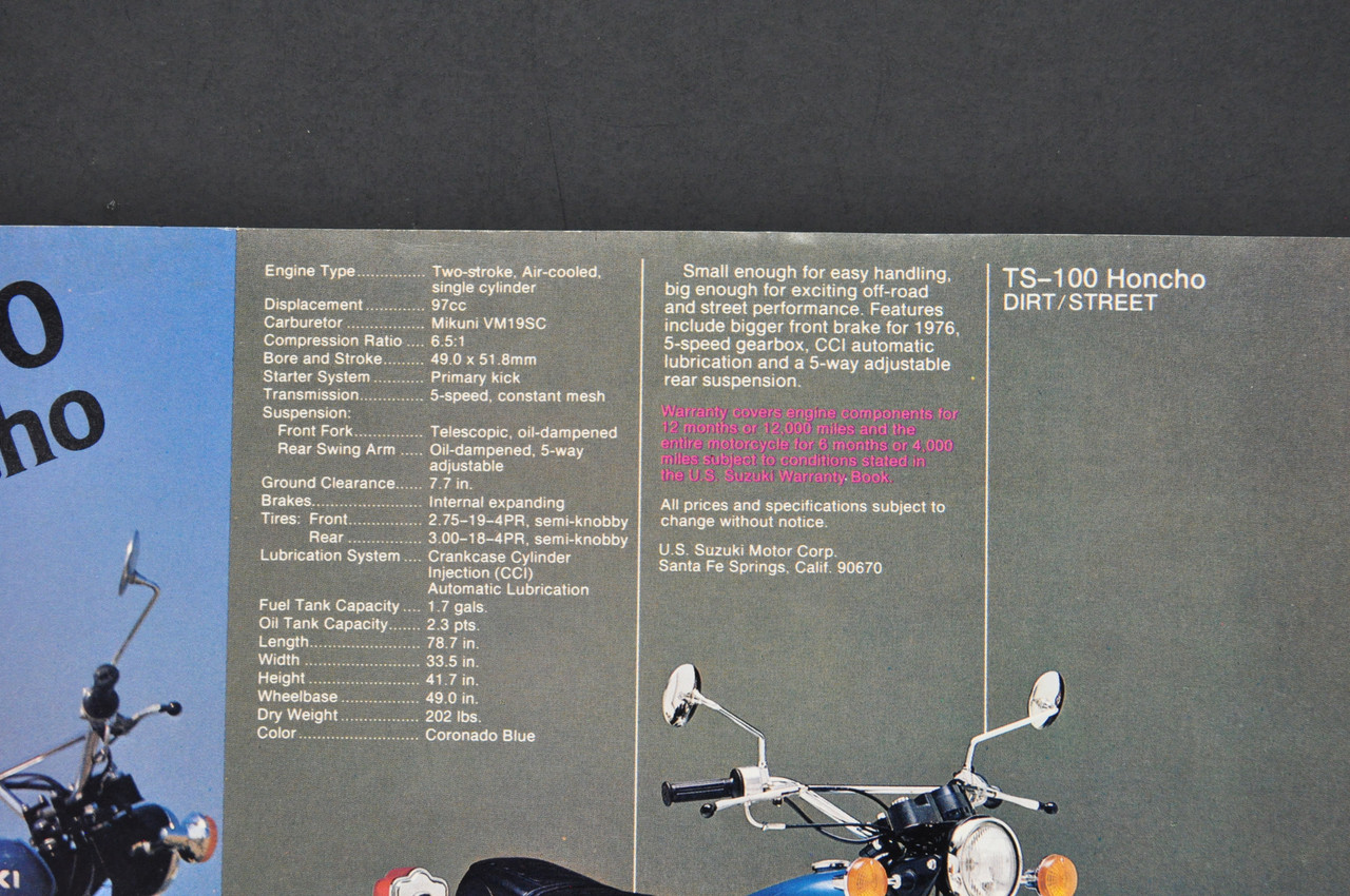 Vintage NOS 1976 Suzuki TC100 Blazer TS100 Honcho Brochure Dealer Specs OEM