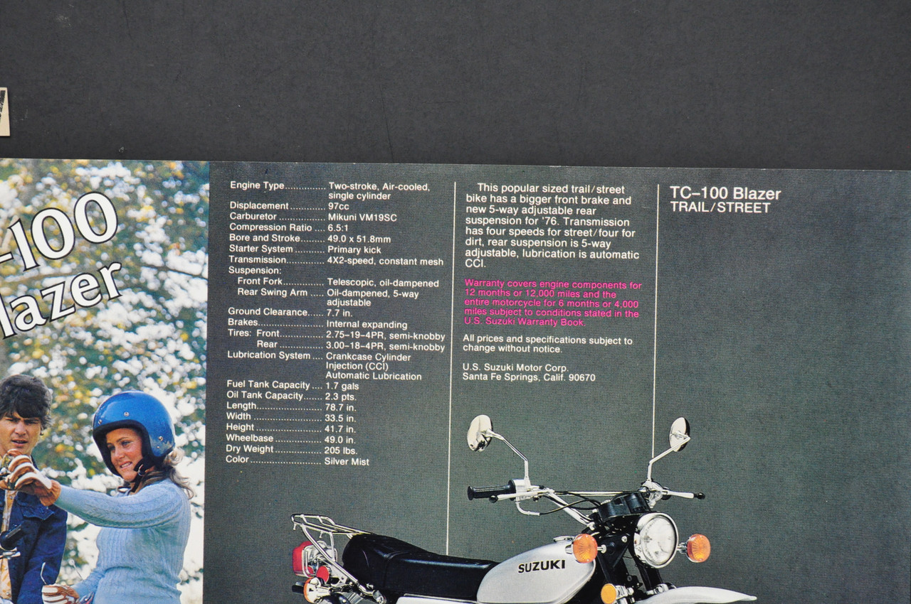 Vintage NOS 1976 Suzuki TC100 Blazer TS100 Honcho Brochure Dealer Specs OEM