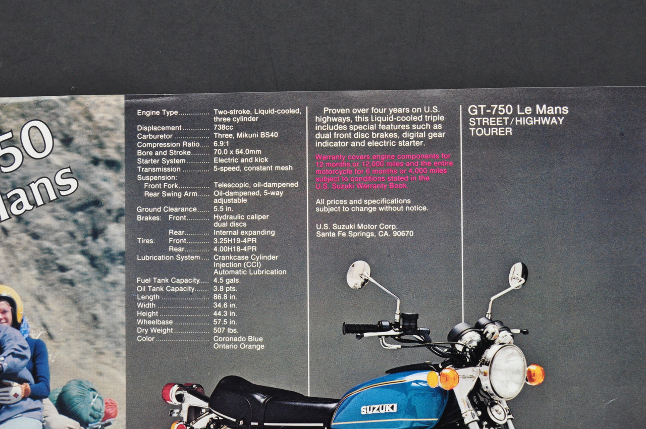 Vintage NOS 1976 Suzuki GT550 Indy GT750 LeMans Brochure OEM Dealer Specs