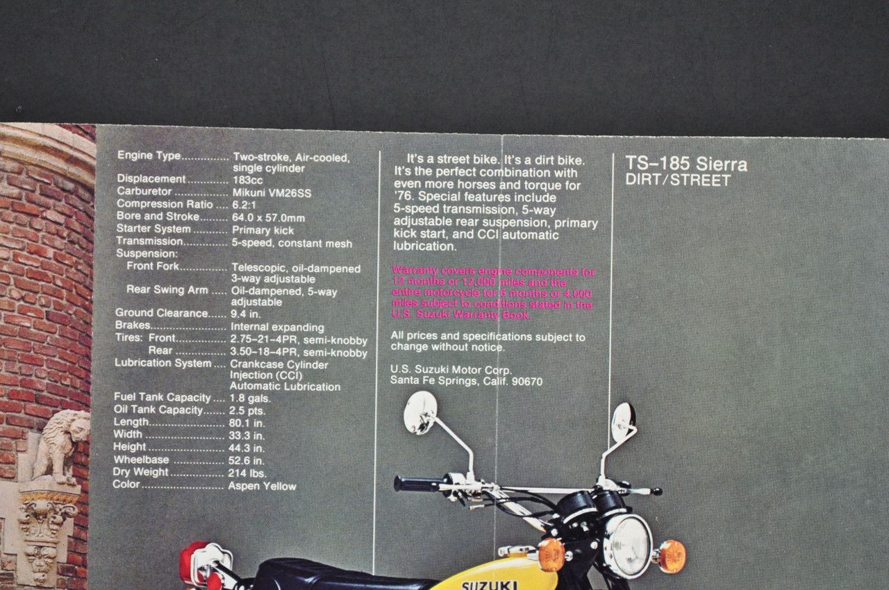 Vintage NOS 1976 Suzuki TS185 Sierra TC185 Ranger Brochure OEM Dealer Specs