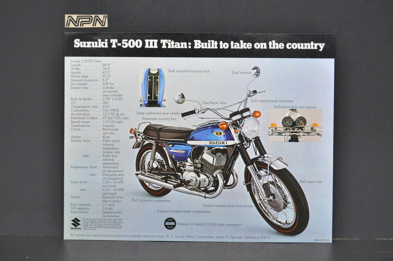 Vintage NOS 1969 Suzuki T500 III Titan T350 II Rebel Brochure OEM Dealer Specs
