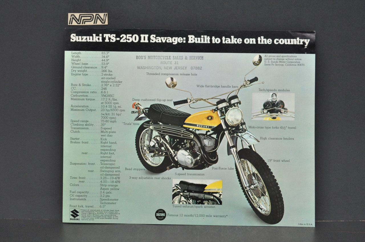 Vintage NOS 1970 Suzuki TS250 II Savage TC120 II Cat Brochure Dealer Stamps OEM