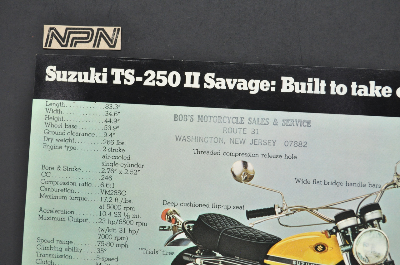 Vintage NOS 1970 Suzuki TS250 II Savage TC120 II Cat Brochure Dealer Stamps OEM