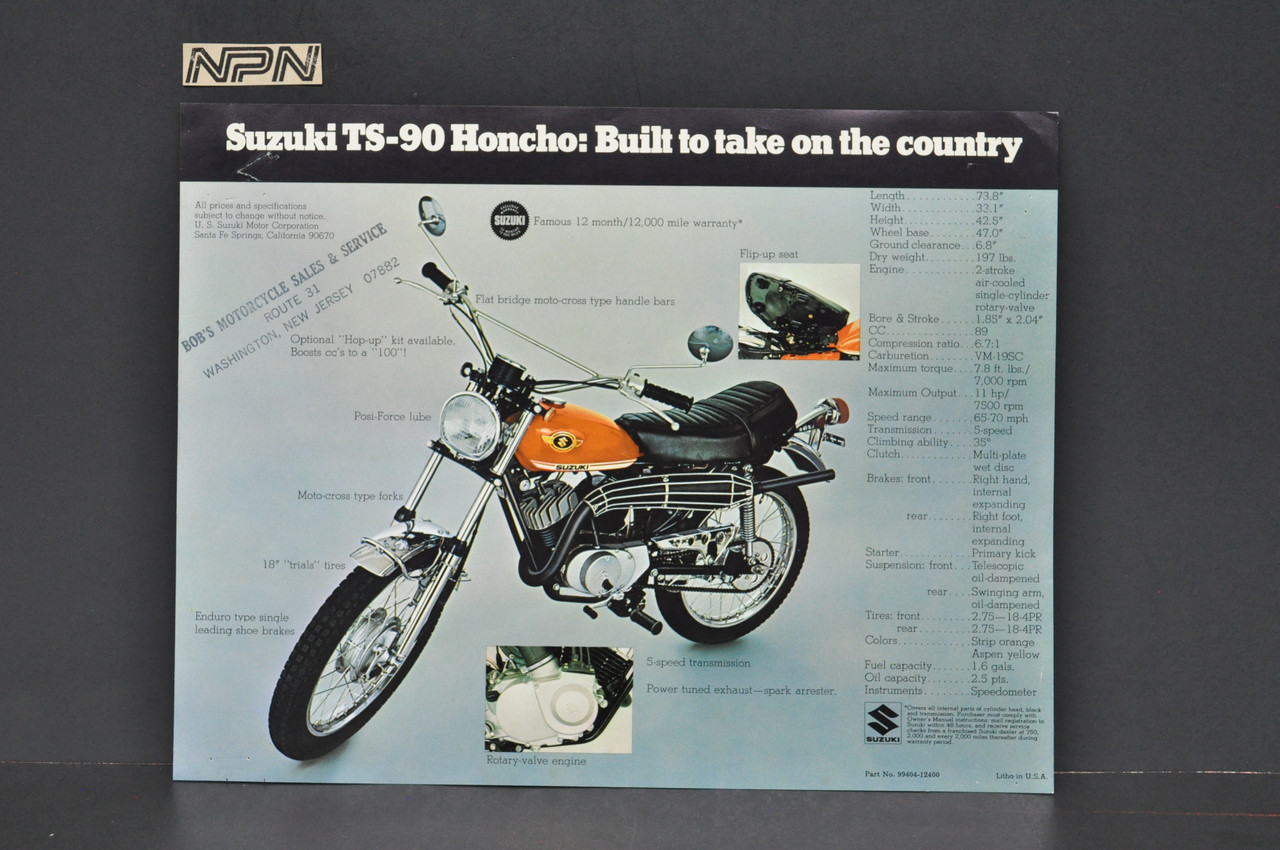 Vintage NOS 1970 Suzuki TC90 Blazer TS90 Honcho Brochure OEM Dealer Stamp