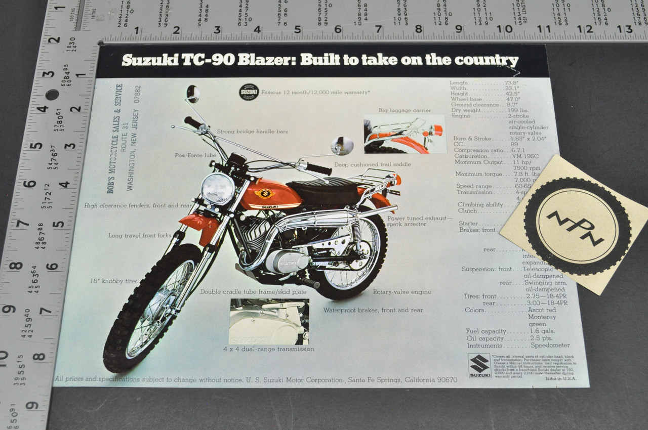 Vintage NOS 1970 Suzuki TC90 Blazer TS90 Honcho Brochure OEM Dealer Stamp