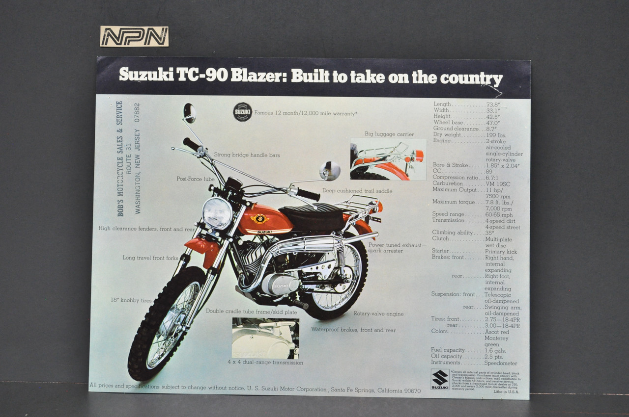 Vintage NOS 1970 Suzuki TC90 Blazer TS90 Honcho Brochure OEM Dealer Stamp