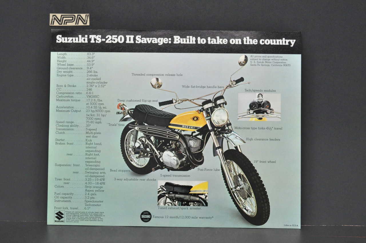 Vintage NOS 1970 TC120 II Cat Suzuki TS250 II Savage Brochure Dealer Stamps OEM