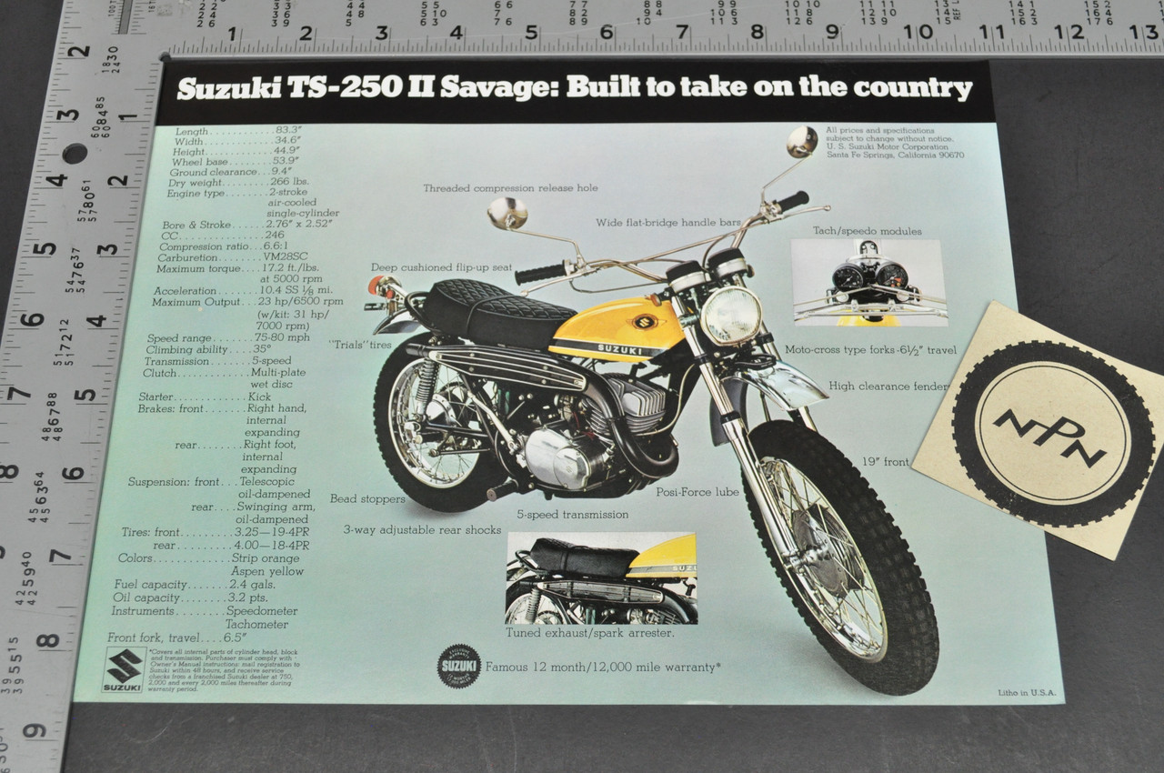 Vintage NOS 1970 TC120 II Cat Suzuki TS250 II Savage Brochure Dealer Stamps OEM