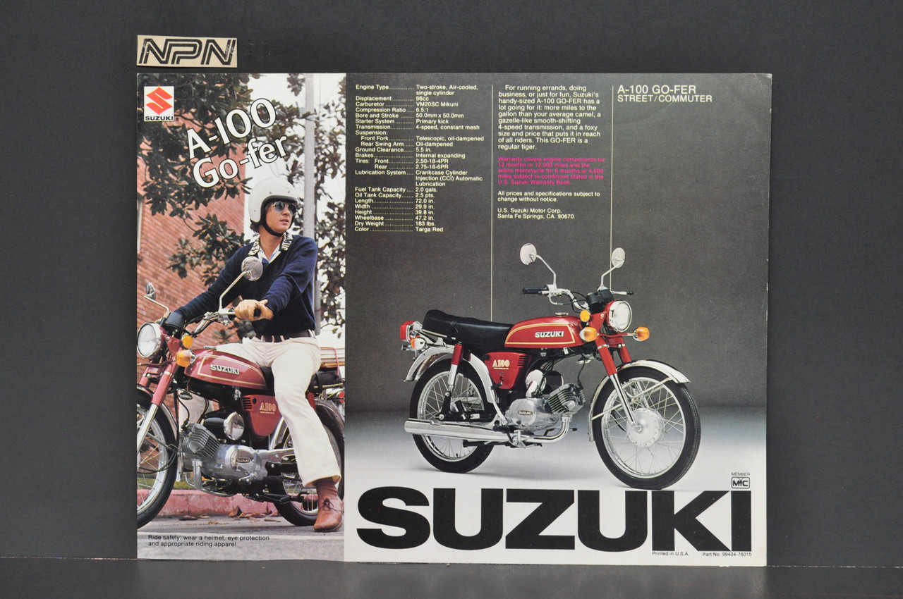 Vintage NOS 1976 Suzuki A100 Go-fer Brochure Motorcycle Specs Dealer Stamps OEM