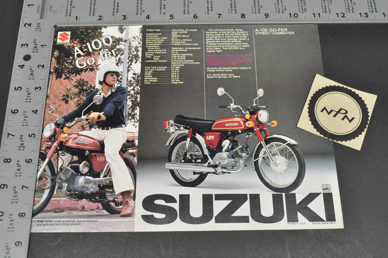 Vintage NOS 1976 Suzuki A100 Go-fer Brochure Motorcycle Specs Dealer Stamps OEM