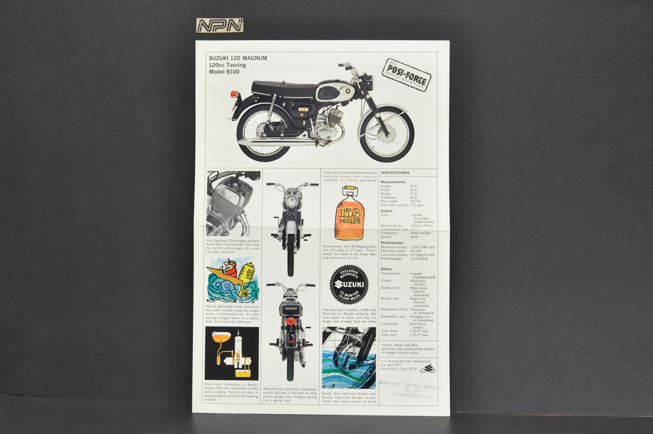 Vintage NOS 1960s Suzuki 120 Magnum B100 Brochure Motorcycle Dealer Specs OEM