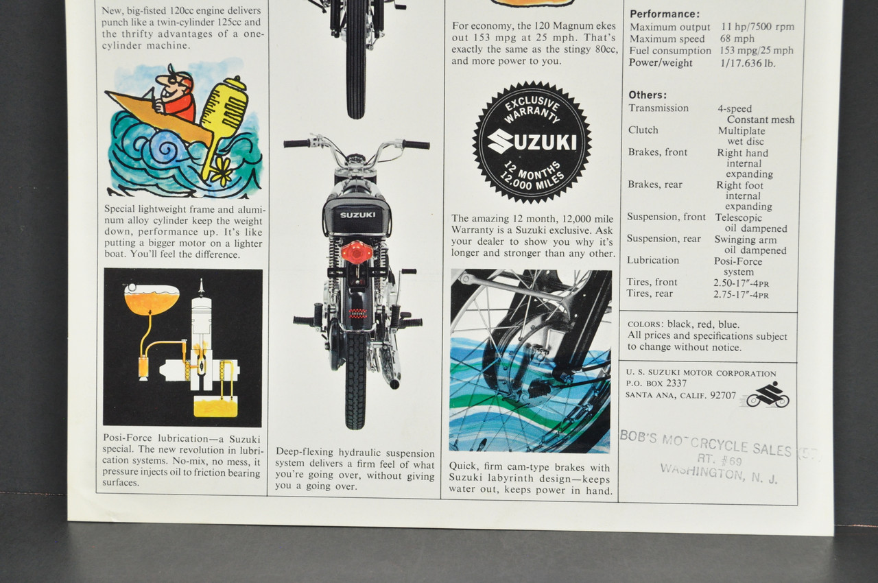 Vintage NOS 1960s Suzuki 120 Magnum B100 Brochure Motorcycle Dealer Specs OEM