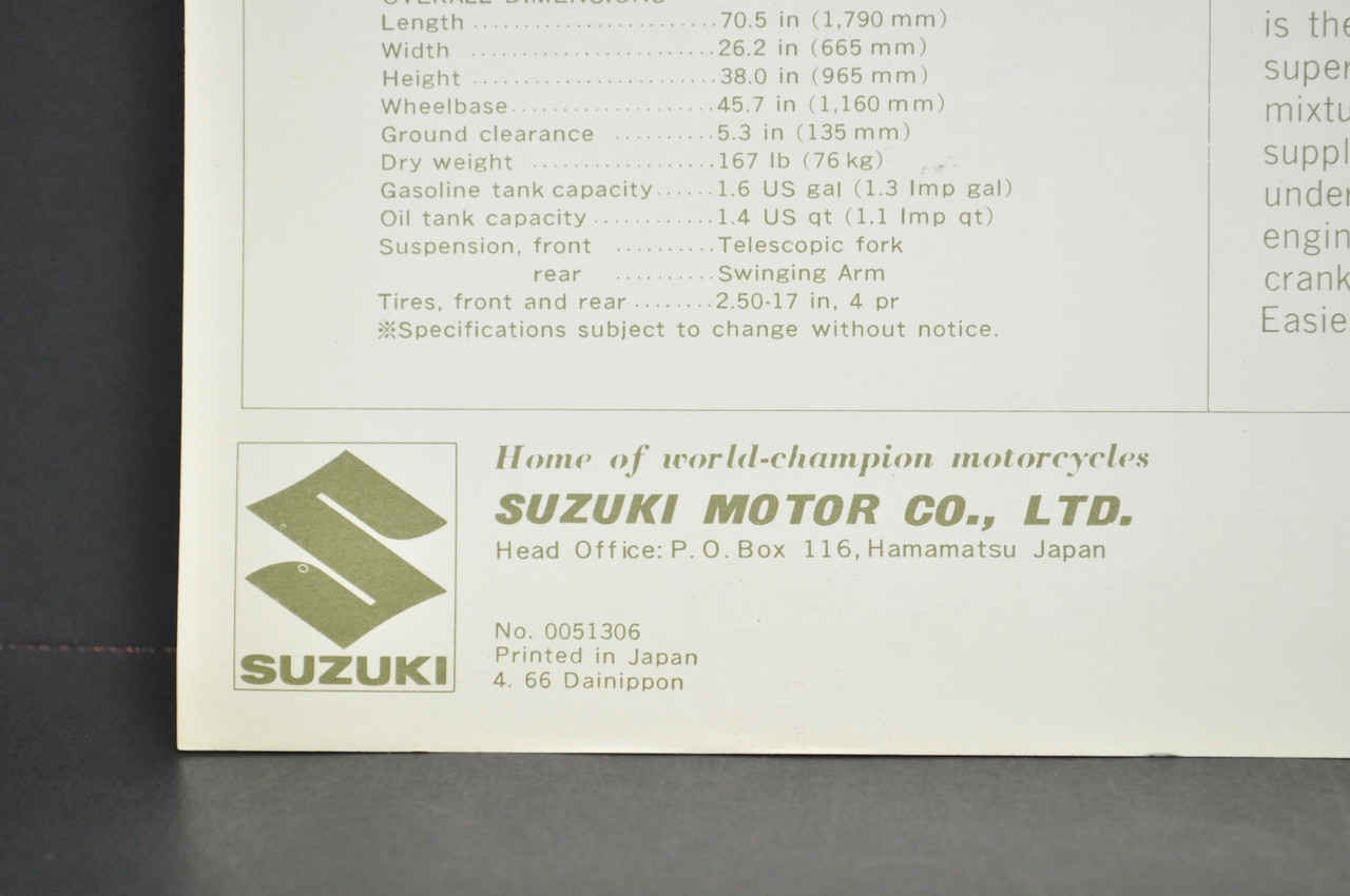 Vintage NOS 1966 Suzuki 80 Corsair K10P Brochure Motorcycle Dealer Specs OEM