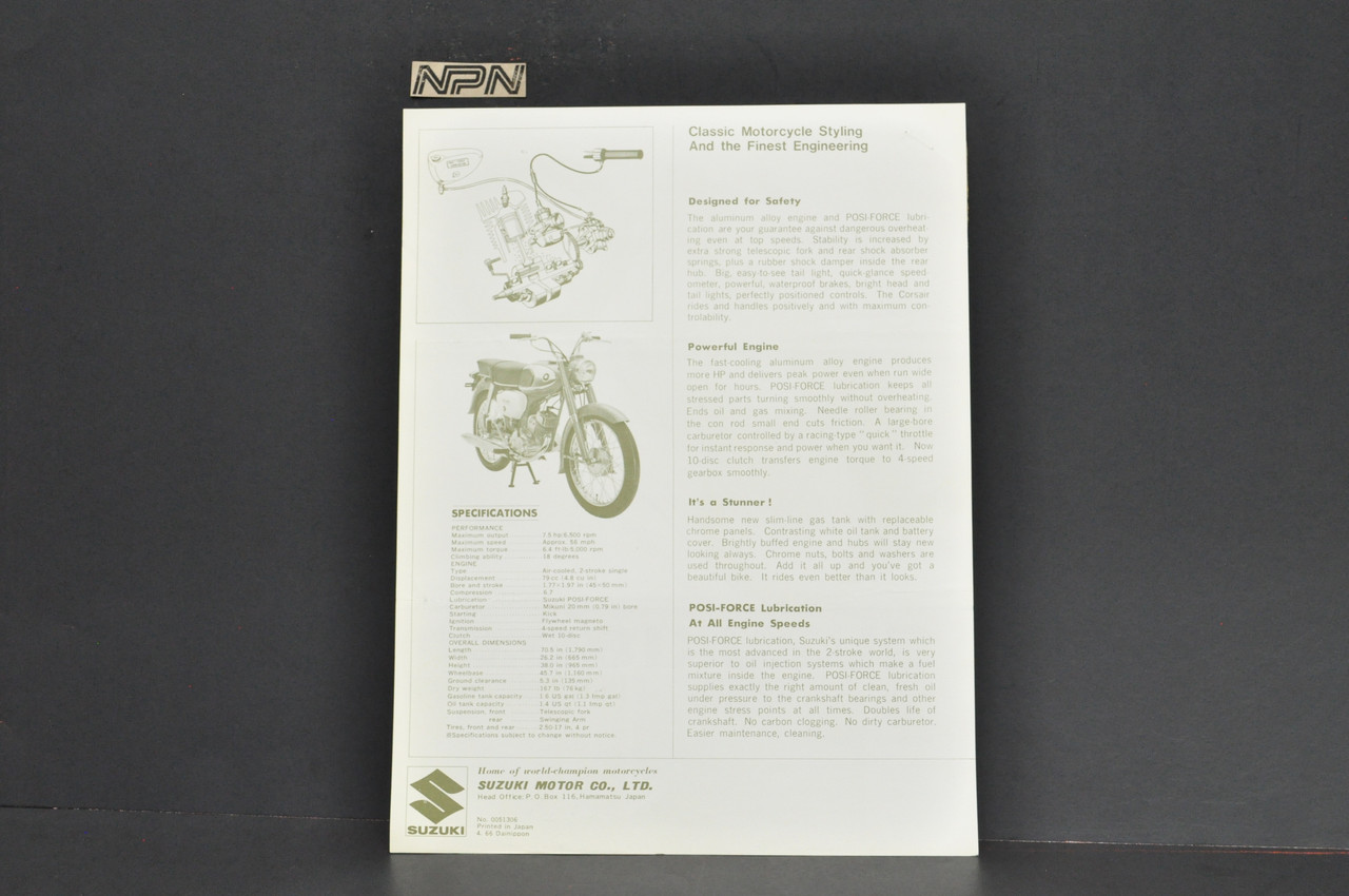 Vintage NOS 1966 Suzuki 80 Corsair K10P Brochure Motorcycle Dealer Specs OEM