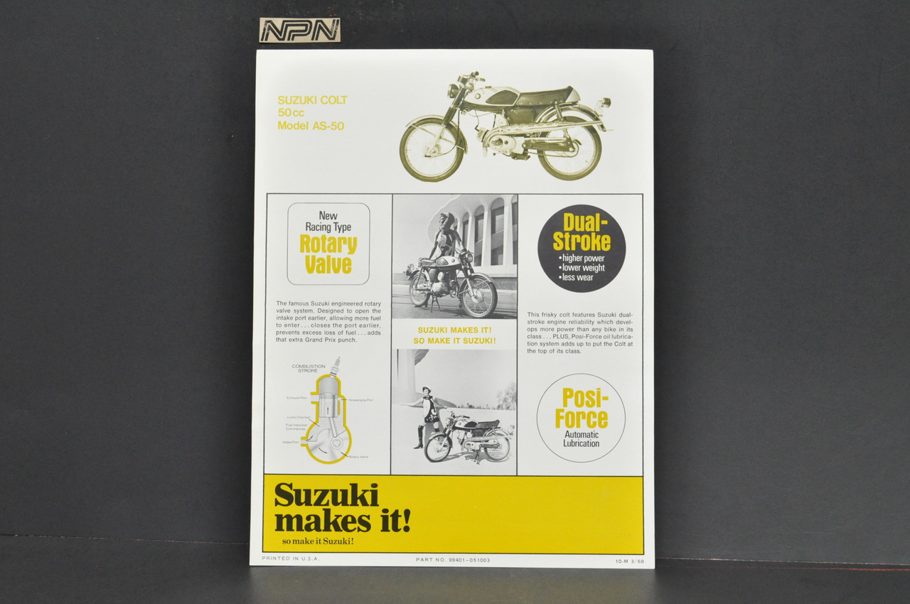 Vintage NOS 1968 Suzuki AS50 Colt Brochure Motorcycle Dealer Specs OEM
