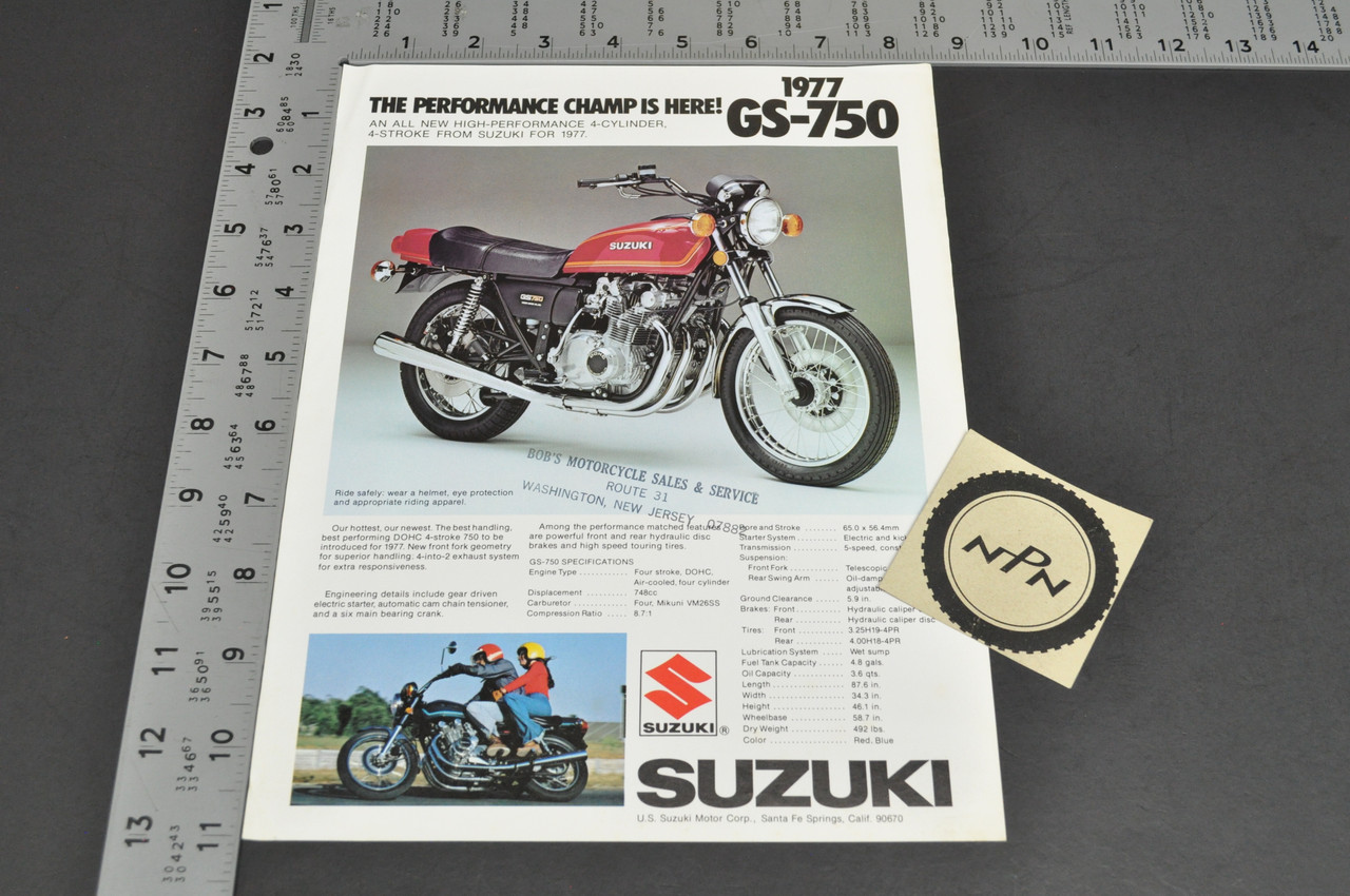 Vintage NOS 1977 Suzuki GS750 Motorcycle Brochure OEM Specs Dealer Stamp