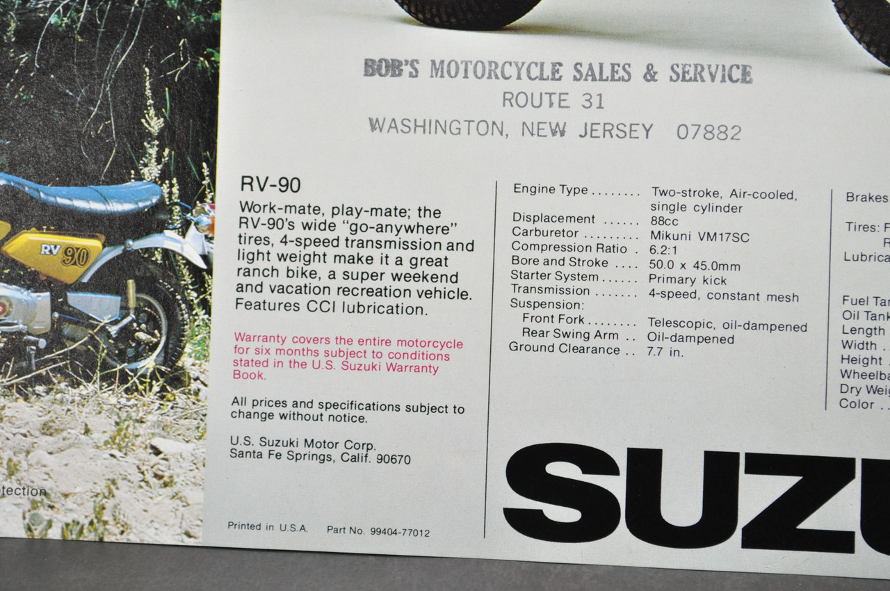 Vintage NOS 1970s Suzuki RV90 RV125 Brochure Motorcycle Dealer Specs OEM