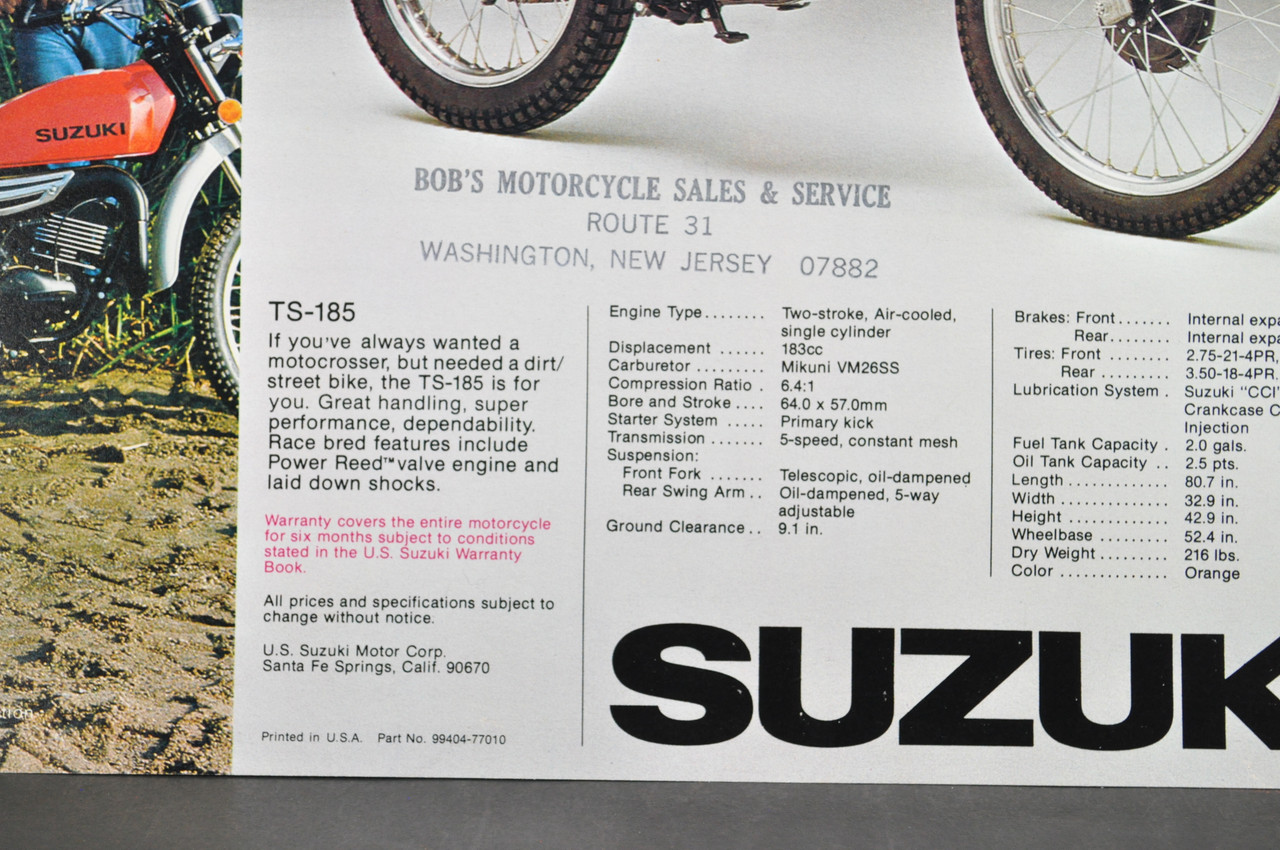 Vintage NOS 1977 Suzuki TS250 TS185 Brochure Motorcycle Dealer Specs OEM