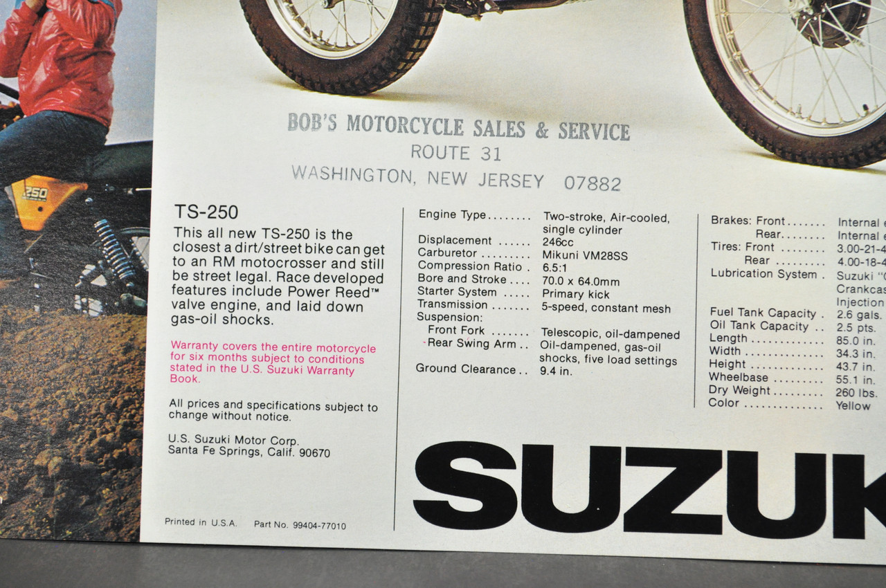 Vintage NOS 1977 Suzuki TS250 TS185 Brochure Motorcycle Dealer Specs OEM