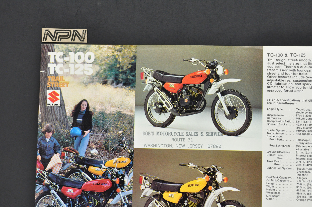 Vintage NOS 1977 Suzuki TC185 TC100 TC125 Brochure Motorcycle Dealer Specs OEM