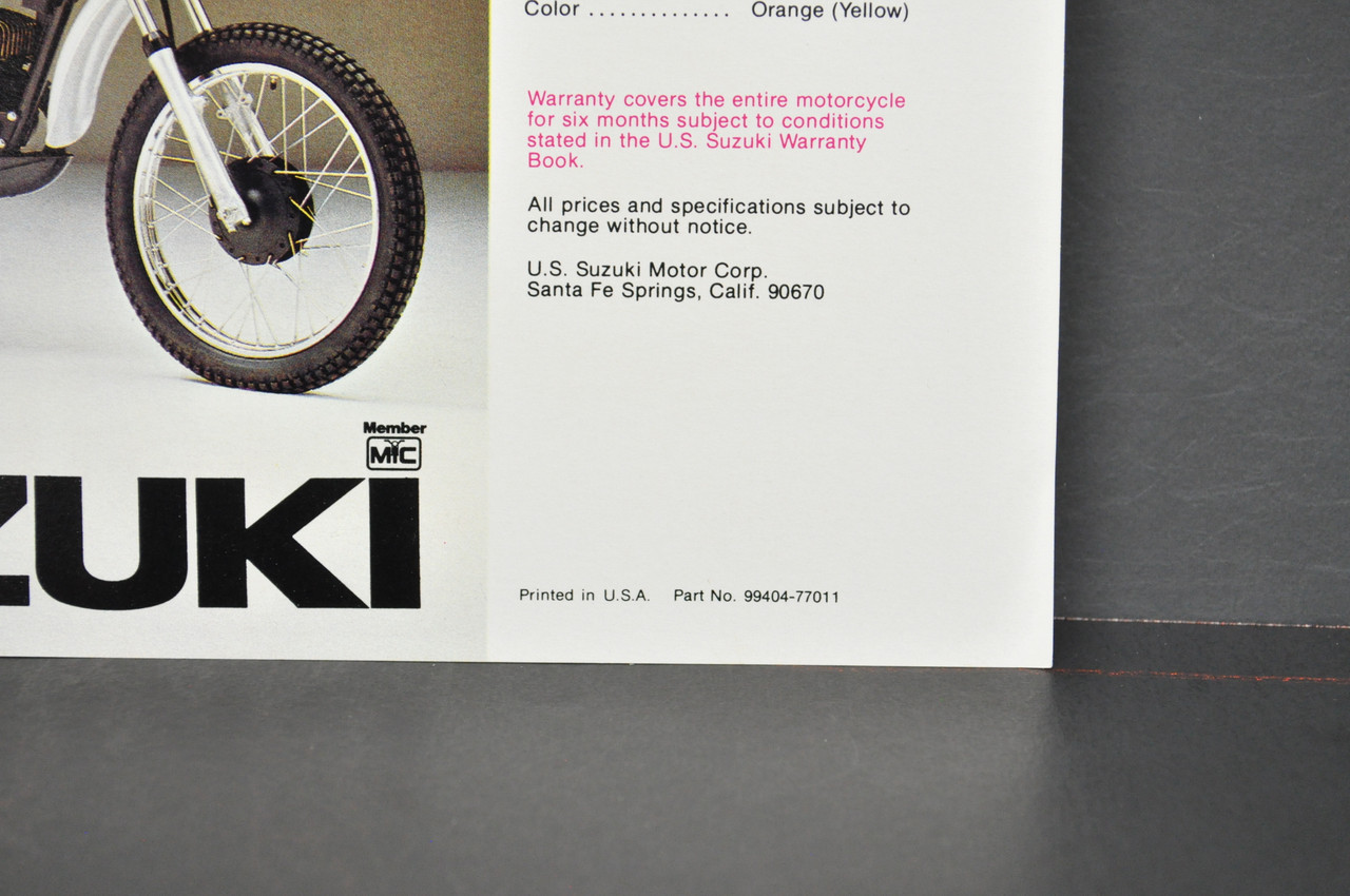 Vintage NOS 1977 Suzuki TC185 TC100 TC125 Brochure Motorcycle Dealer Specs OEM