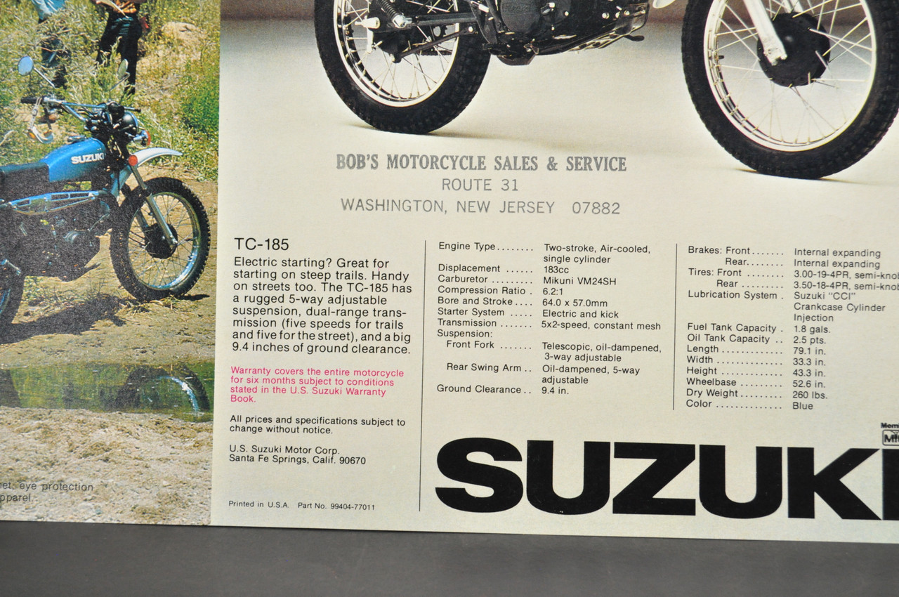 Vintage NOS 1977 Suzuki TC185 TC100 TC125 Brochure Motorcycle Dealer Specs OEM