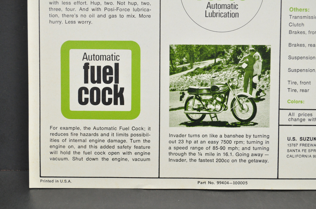 VTG NOS 1967 Suzuki X5 Invader T200 Motorcycle Dealer Sales Brochure OEM Specs
