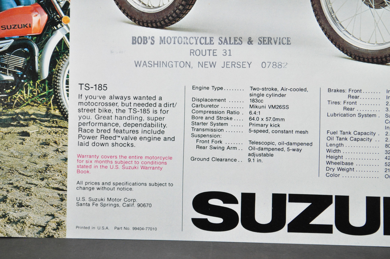 Vintage NOS 1977 Suzuki TS250 TS185 Brochure Motorcycle Specs Dealer Stamps OEM