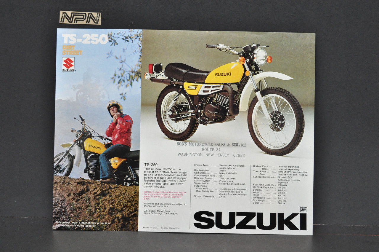 Vintage NOS 1977 Suzuki TS250 TS185 Brochure Motorcycle Specs Dealer Stamps OEM