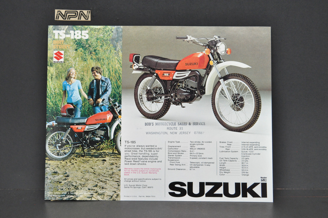 Vintage NOS 1977 Suzuki TS250 TS185 Brochure Motorcycle Specs Dealer Stamps OEM